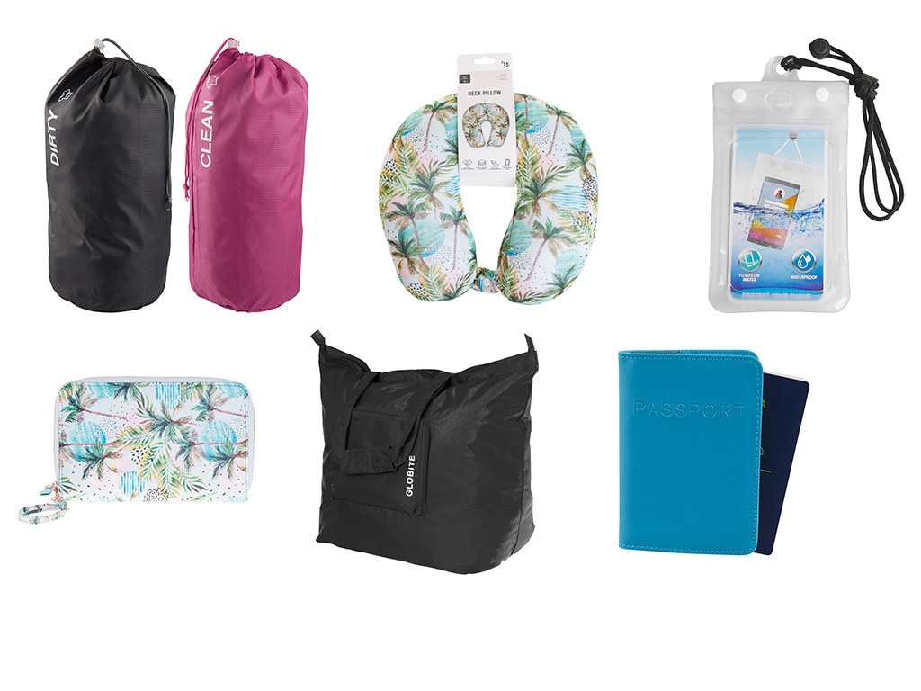 Big W’s new Globite products include (clockwise from top left) $15 laundry bags, $15 travel pillow, $10 waterproof phone case, $15 passport cover, $25 foldable tote and $20 travel wallet.   