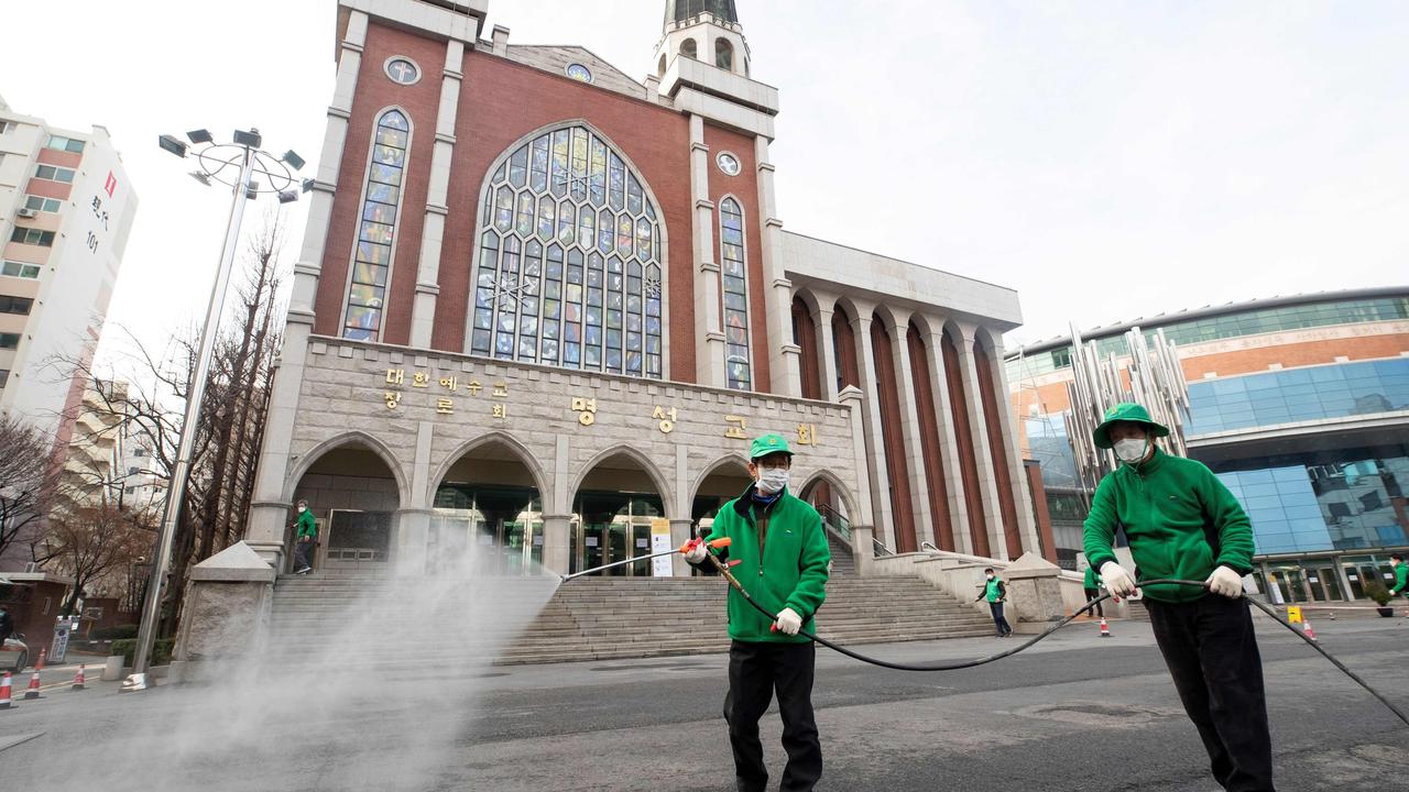 More than 200,000 members of a religious sect were being checked for coronavirus symptoms by South Korean authorities on Wednesday. Picture: YONHAP/AFP