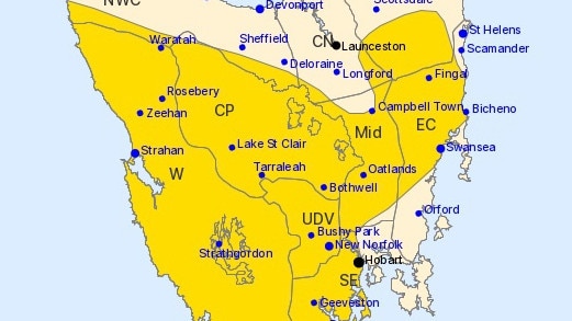 Map shows areas under wind warning across Tasmania, with yellow highlighting regions expected to experience damaging gusts from Monday through Wednesday. Picture: Bureau of Meteorology