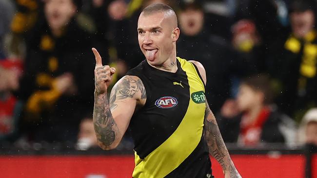 MELBOURNE - July 6 : AFL.  Richmonds Dustin Martin  celebrates a 4th quarter goal sealing the win during the round 17 AFL match between Richmond and Sydney Swans at the MCG on July 6, 2023.  Photo by Michael Klein.