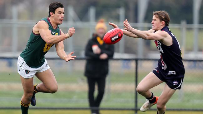 Oliver Burrows-Cheng (left) in action for the Tasmania Devils last year. PICTURE CHRIS KIDD