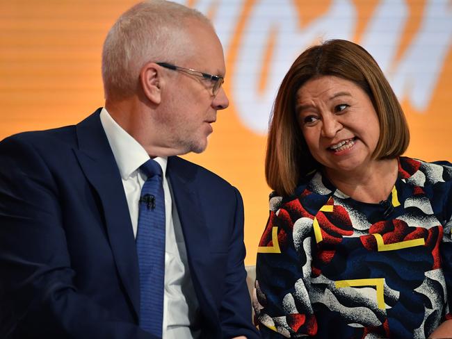 Where are those happy days? They seem so hard to find. ABC Chairman Justin Milne (left) and Managing Director Michelle Guthrie pictured in February — before everything went horribly south for them both. Picture: AAP Image/Joel Carrett