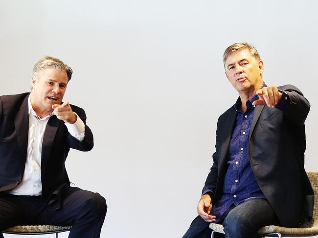 Former Wallaby Bill Calcraft (right) with Brett Gosper CEO of World Rugby, wants to run in Manly too. Picture: Braden Fastier.