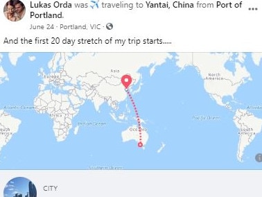 Lukas’ last Facebook post reveals he was travelling from Port of Portland in Victoria to Yantai, China on June 24. Picture: Facebook