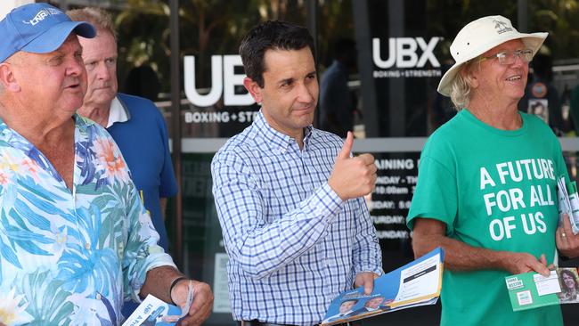 LNP candidate Russell Field, left, and the Opposition Leader David Crisafulli at the Capalaba Central Shopping Centre pre-polling booth. Picture: Liam Kidston