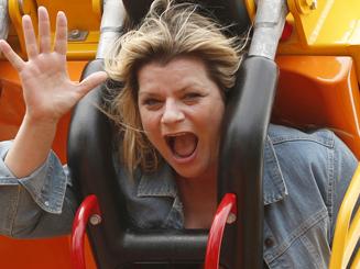 NEW YORK - FOR FEATURES NEWS: The new spiraling coaster ride, "El Diablo," at Six Flags Great Adventure and Safari, Jackson, NJ, Sunday, May 17, 2015. El Diablo is a seven story tall looping steel coaster, located in the Plaza del Carnaval section of the park. PICTURED: NYPost reporter Lisa Arcella on the new ride. (Angel Chevrestt, 646.314.3206)