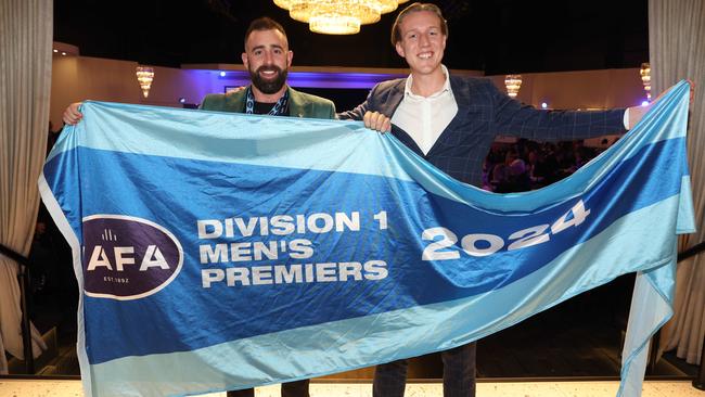 MELBOURNE, AUSTRALIA – OCTOBER 9 2024 Shaun Chapman and Rory Brodie at the VAFA Awards Night at the San Remo Ballroom in Carlton on October 9, 2024 Picture: Brendan Beckett