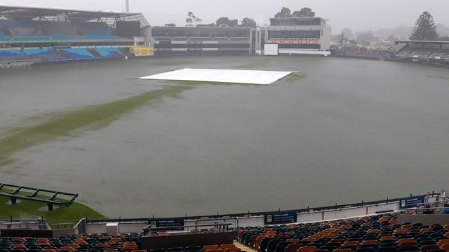 Blundstone Arena was left under water following Friday night’s storm. Picture: Kris Bird