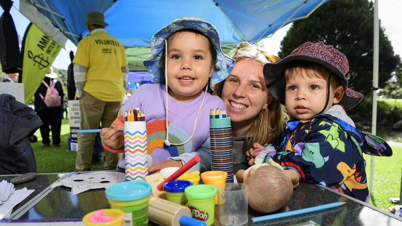 Meg Goodman with her kids Naomi and Camilo Palma at Toowoomba's World Environment Day celebrations at Lake Annand Park, Sunday, June 1, 2025. Picture: Kevin Farmer
