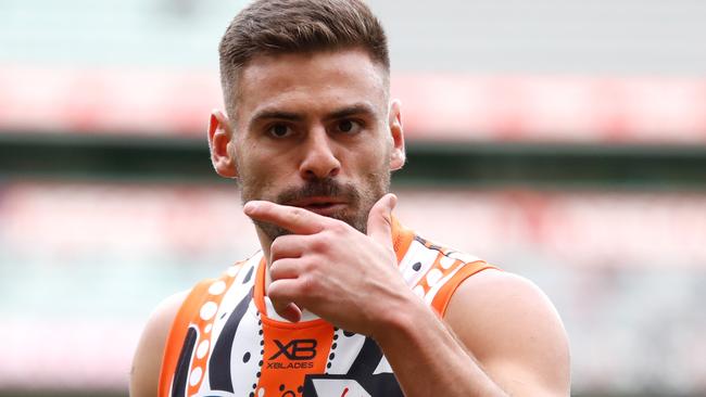 MELBOURNE, AUSTRALIA - MAY 26: Stephen Coniglio of the Giants celebrates a goal during the 2019 AFL round 10 match between the Melbourne Demons and the GWS Giants at the Melbourne Cricket Ground on May 26, 2019 in Melbourne, Australia. (Photo by Michael Willson/AFL Photos)