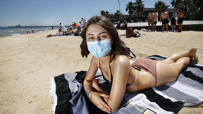 Aleyna Demet masks up at St Kilda Beach on Monday. Picture: David Caird