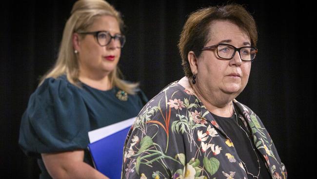 Child Protection Minister Katrine Hildyard and Child Protection Department chief executive Cathy Taylor front a press conference responding to coronial inquest findings. Picture NCA NewsWire / Emma Brasier