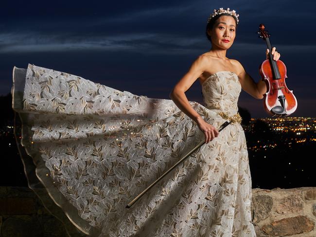 ON HOLD DO NOT RUN . SPEAK TO CATHY DAVIS IF NEEDED .  ASO Concertmaster Natsuko Yoshimoto wearing Couture Love Madness at Windy Point in Adeladie, Make-up and hair by MCO Style Bar, Wednesday, March 11, 2020. Picture: MATT LOXTON