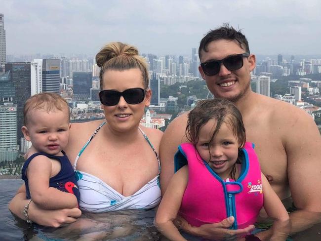 ONE TIME WEB USE ONLY - FEE APPLIES FOR REUSE -  Look at that view from a rooftop pool in Malaysia. MEET THE adventurous couple who gave up their worldly possessions to save almost FOURTY FOUR THOUSAND pounds in LESS THAN A YEAR and now spend their time spontaneously hopping from one country to the next with their two young daughters in tow â€“ and although they were once STRANDED on an island during an earthquake they have no regrets. Early childhood educator, Gillian Harvey (31) and her electrician husband, Michael (32), moved from Dublin, Ireland to Perth, Australia for work and a better lifestyle in June 2012. They briefly returned to Ireland for their wedding in June 2013 before settling back to Australia and having two children Sophie (5) and Chloe (2). But then just over two years ago the couple decided to make huge adjustments to their spending to save a travel fund of Â£43,720 by downsizing their rented home, selling a car, ditching paid TV and watching their discretionary spending to be able to save money and travel the world with their two children. The family left Australia 14 months ago and have visited over 20 countries across the world including, Borneo, China, Japan, Maldives, New Zealand, Sri Lanka and the USA. The family share their extraordinary journey on their Instagram and got the inspiration for their handle, @WhereAreWeGoingTomorrowTravel, because they tend to spontaneously decide the day before, or even on the day, where they will go next and their daughter Sophie is always asking them this every night. MDWfeatures / Gillian Harvey  Picture: MDW Features/Australscope