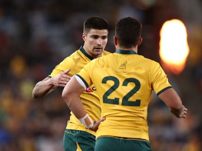 Jack Maddocks of the Wallabies celebrates scoring a try during The Rugby Championship Bledisloe Cup match between the Australian Wallabies and the New Zealand All Blacks at ANZ Stadium on August 18, 2018 in Sydney, Australia. (Photo by Mark Metcalfe/Getty Images)