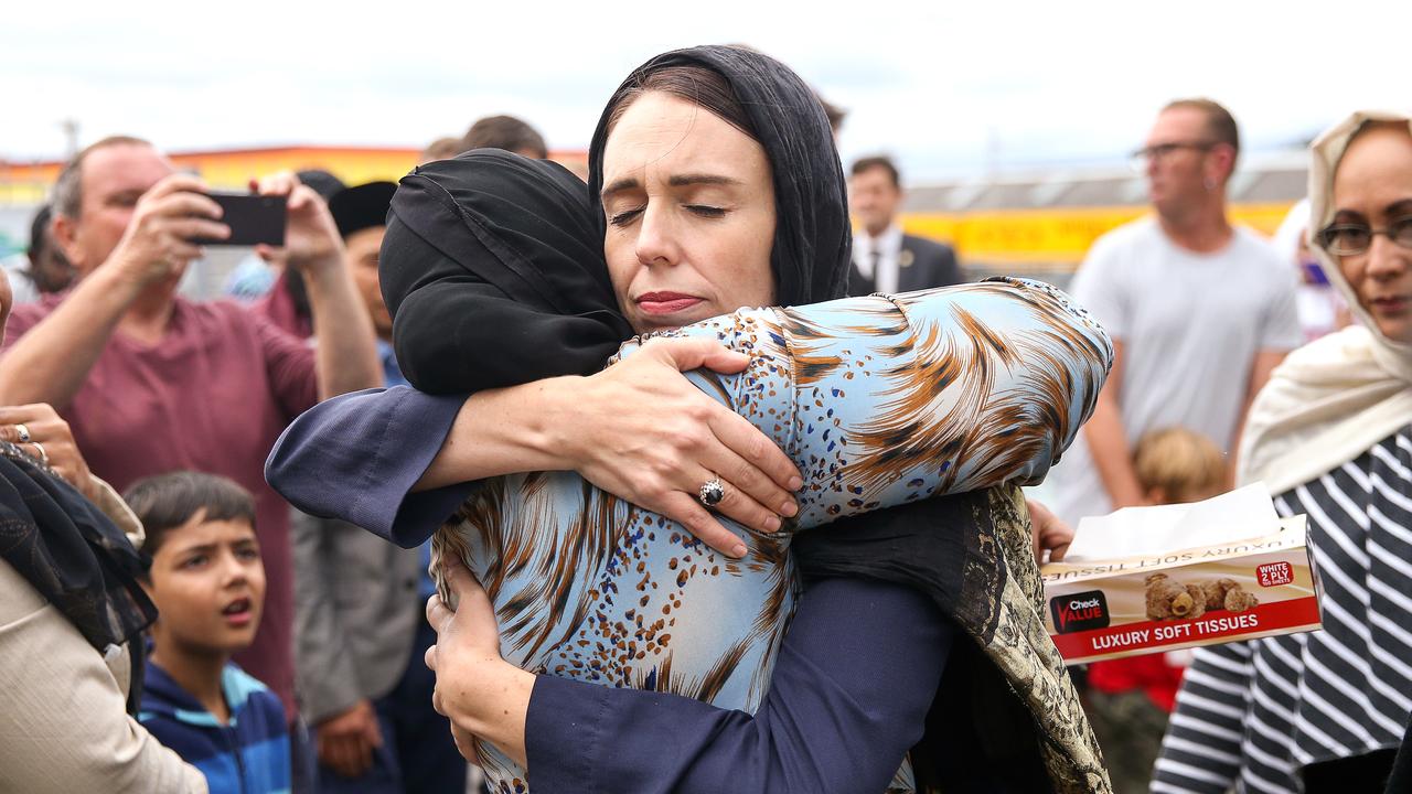 Prime Minister Jacinda Ardern hugs a mosque-goer at the Kilbirnie Mosque after Tarrant’s attack, which was the worst mass shooting in New Zealand’s history. Picture: Hagen Hopkins/Getty Images