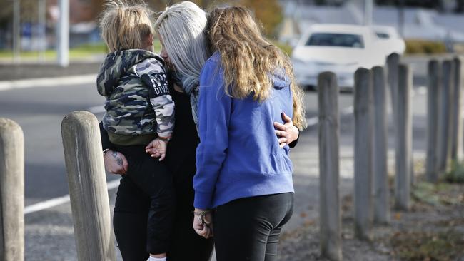 Sunbury Mum and her kids, aged 4 and 11, stand in the spot their car was rammed during a horrific road rage incident outside Sunbury police station. Picture: David Caird