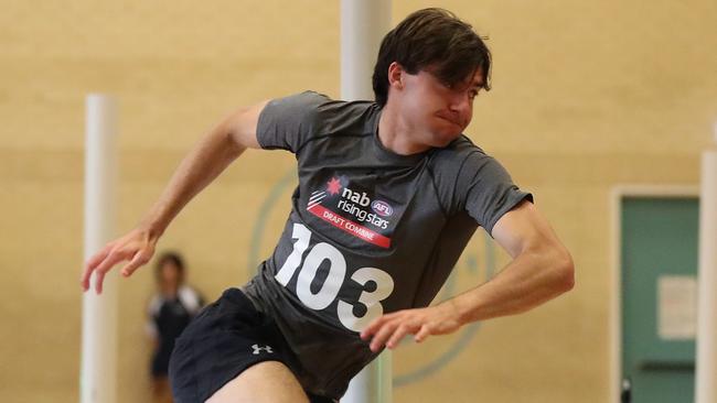 PERTH, AUSTRALIA - SEPTEMBER 30: Logan McDonald undertakes the agility test during the 2020 Western Australia AFL Draft Combine at Wesley College Gymnasium on September 30, 2020 in Perth, Australia. (Photo by Paul Kane/AFL Photos/via Getty Images)