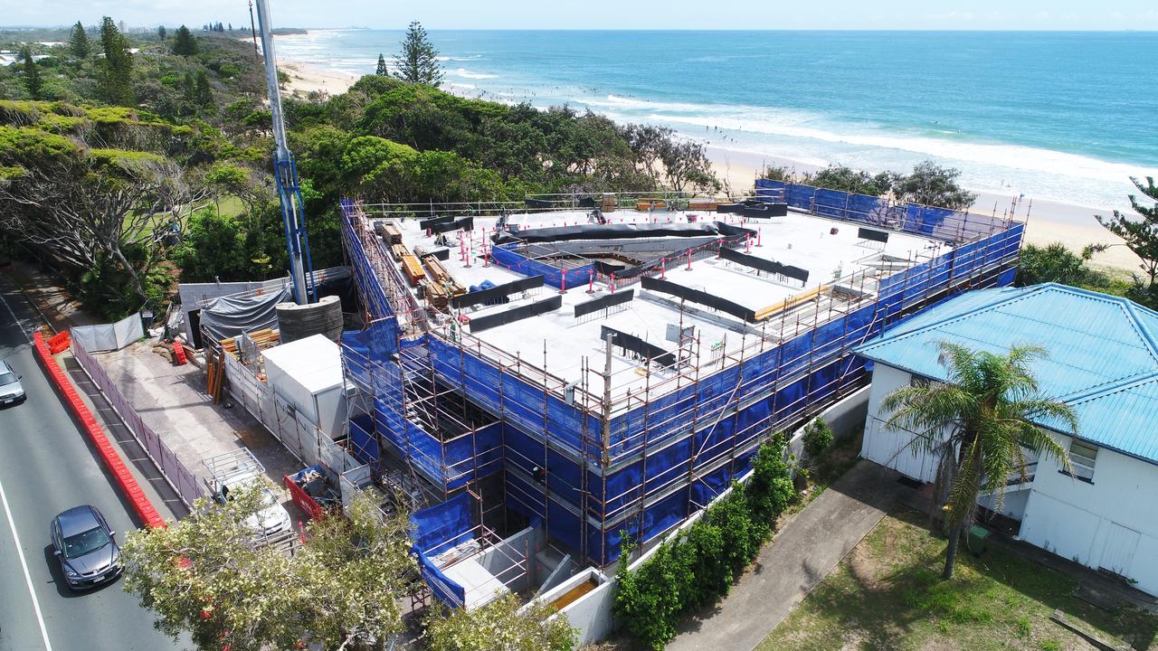 Bryant Building Contractors are making solid progress on a monster beachfront mansion at Dicky Beach said to cost more than $10 million to construct. Picture: Patrick Woods