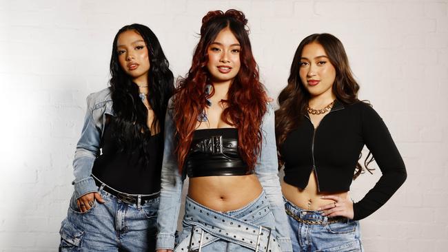 Western Sydney girl group H3rizon – featuring Bernadette (Bernie) Marquez from The Ponds, Tiara Nyuzo from Campelltown, and Gabrielle (Gabby) Montalbo. Picture: Jonathan Ng