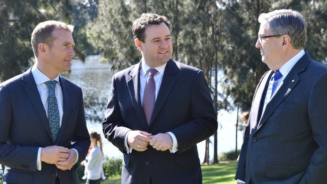 NSW Planning Minister Rob Stokes (left), Penrith state Liberal MP Stuart Ayres and Penrith deputy mayor Ross Fowler at Tench Reserve for Monday’s announcement.