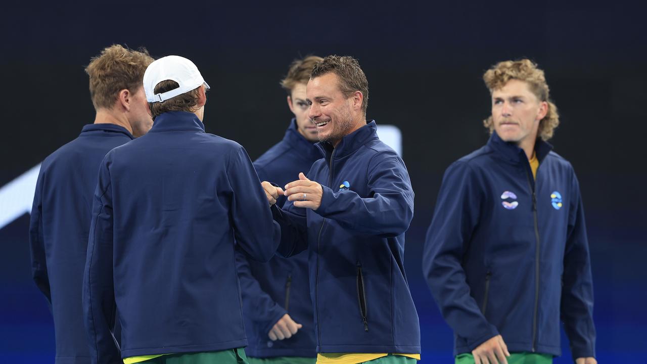 Max Purcell (far right) has spoken about his fractured relationship with Australia’s Davis Cup captain Lleyton Hewitt. Picture: Getty Images