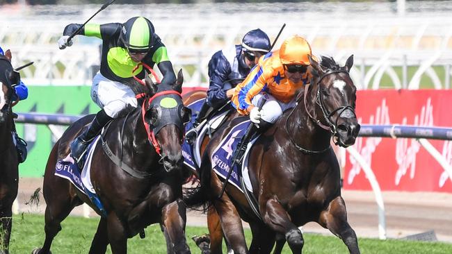 Imperatriz (right) holds off Private Eye to win the Group 1 Lightning Stakes at Flemington. Picture: Pat Scala/Racing Photos via Getty Images