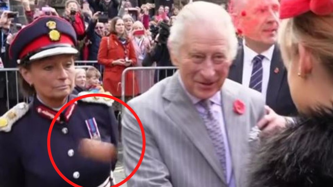 An egg flies past King Charles as he visits York. Picture: Sky News