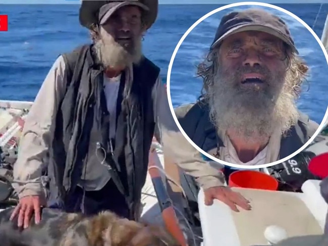 Tim Shaddock and his dog Bella were rescued after two months adrift in the Pacific Ocean. Picture: Nine News