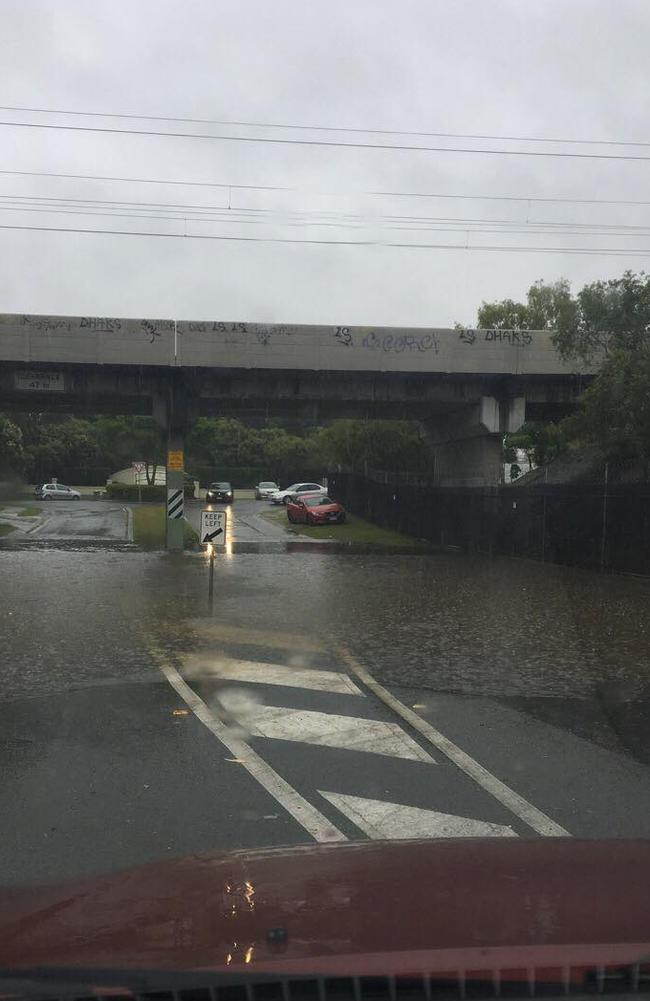 Flash flooding at Ancona St, Carrara, Gold Coast. Picture: Zach Leach