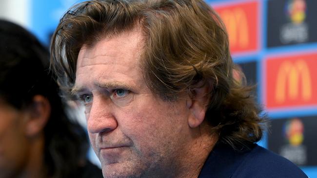 GOLD COAST, AUSTRALIA - MARCH 09: Coach Des Hasler of the Titans speaks after the round one NRL match between the Gold Coast Titans and St George Illawarra Dragons at Cbus Super Stadium, on March 09, 2024, in Gold Coast, Australia. (Photo by Bradley Kanaris/Getty Images)