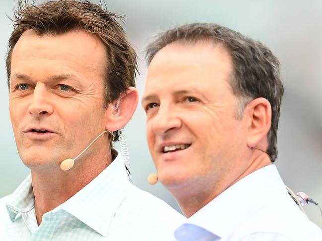 MELBOURNE, AUSTRALIA - NOVEMBER 01: Adam Gilchrist and Mark Waugh commentate during game three of the Men's International Twenty20 match between Australia and Sri Lanka at Melbourne Cricket Ground on November 01, 2019 in Melbourne, Australia. (Photo by Quinn Rooney/Getty Images)