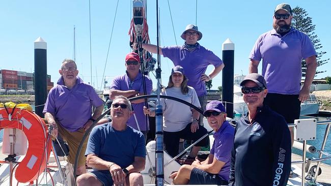 The crew of Bowline. Left to right: Peter Hutchison, Anthony Pennington (front), Reid Bosward (red cap), Melanie Bushby, Troy Mohler (standing at the back), Nick Smith (seated at the front), Paul Senior (standing front right), and Paul Greaves (standing back right). Picture: Supplied