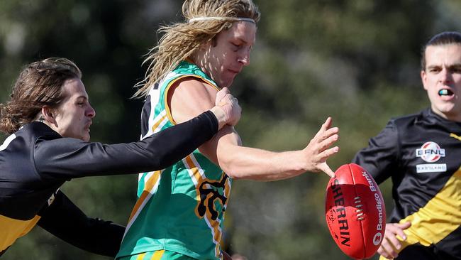 EFL Division 1 2022: Mooroolbark v Mitcham, qualifying final at Tormore Reserve, Boronia.  Jesse Cherry of Mitcham tackles Austin Smith of Mooroolbark.Picture : George Salpigtidis