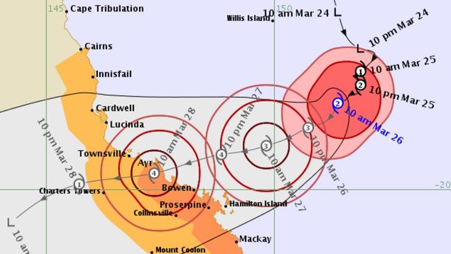 BOM Cyclone Debbie forecast track map, current as of 11am Sunday.