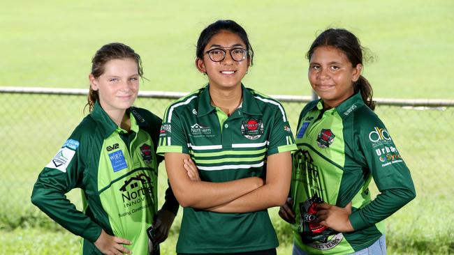 Cairns Cricket. Rovers girls players Payton French, 11 and Olivia Stevens, 12 with their coach Jesleen Patel, 16, in the middle. Picture: Stewart McLean