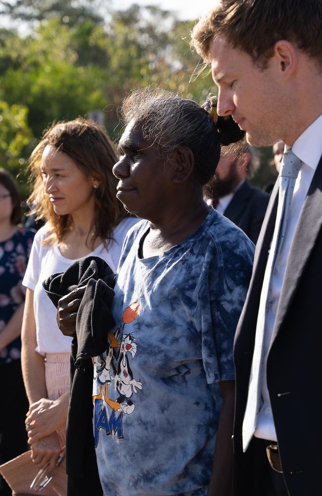 Counsel assisting the coroner Peggy Dwyer, left, Ngeygo Ragurrk's older sister Edna Midjarda and the family's lawyer James Lowrey at a ceremony at Mindil Beach, where on December 23 2019 the 40-year-old was killed by her partner Garsek Nawirridj. Picture: Pema Tamang Pakhrin