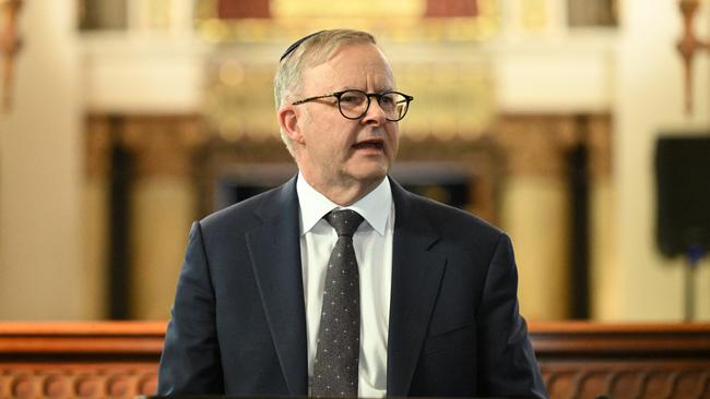 Anthony Albanese speaks during a visit to the St Kilda Shule in Melbourne in October 2023.