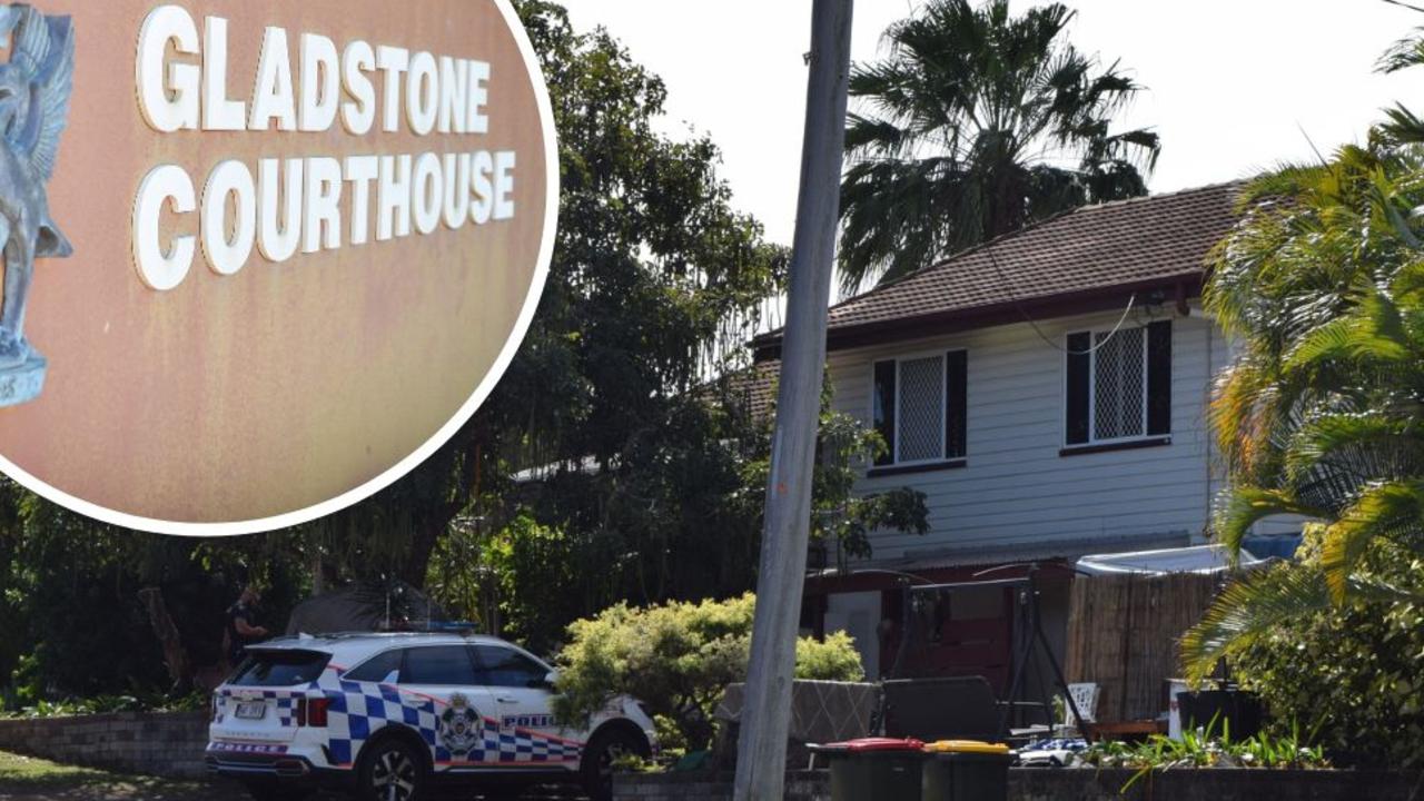Police investigate an alleged stabbing at a Brisbane Street residence, Barney Point, in August, 2023. Inset: Gladstone Courthouse.