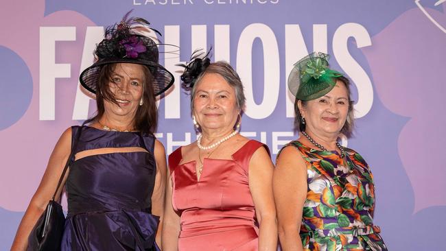 Vilma Stinton, Myrna Rogers and Edna Johnston at the 2023 Darwin Cup Carnival Guineas Day. Picture: Pema Tamang Pakhrin