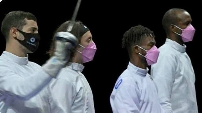 US teammates of Alen Hadzic wore pink masks in protest of his presence at Tokyo. Multiple women have accused Hadzic of sexual misconduct.