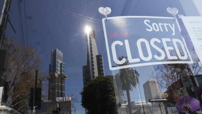 MELBOURNE, AUSTRALIA- NewsWire Photos SEPTEMBER 10, 2020: A shop with a closed sign in Flinders street during stage four COVID-19 lockdown in Melbourne: NCA NewsWire/ David Crosling