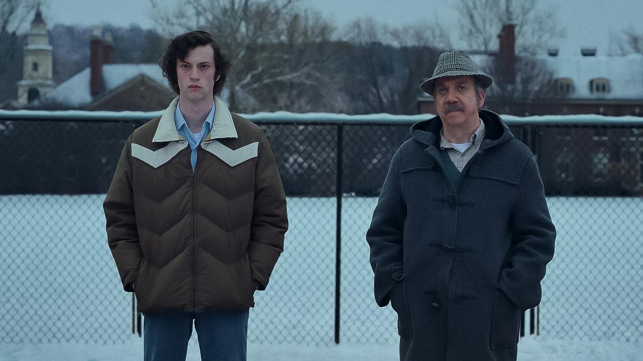 Dominic Sessa stars as Angus Tully and Paul Giamatti as Paul Hunham in director Alexander Payne’s The Holdovers.