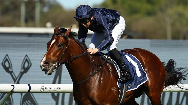 SYDNEY, AUSTRALIA - AUGUST 31: Adam Hyeronimus riding Storm Boy wins Race 6 Smithfield RSL San Domenico Stakes during Sydney Racing at Rosehill Gardens on August 31, 2024 in Sydney, Australia. (Photo by Jeremy Ng/Getty Images)