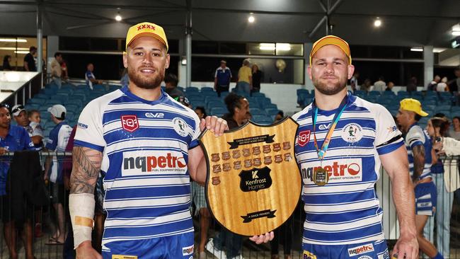 Three times premiership winners Jordan Biondi-Odo and Adam Hepworth pose with the FNQRL A grade premiership shield after beating the Ivanhoe Knights 18 points to 14 in the grand final match at Barlow Park. Picture: Brendan Radke