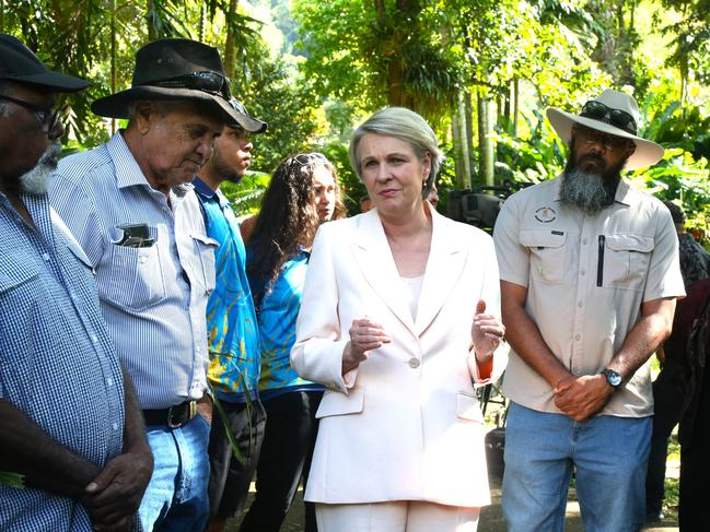 Federal Environment Minister Tanya Plibersek speaks with Olkola elder Michael Ross and other Cape York indigenous leaders at the announcement of a UNESCO tentative world heritage listing. Picture: Peter Carruthers