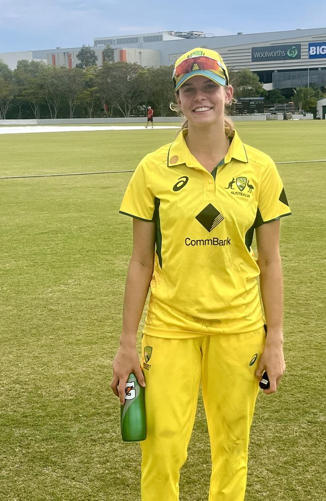 Lily Bassingthwaighte representing the Australia Under-19s side. It will not be the last time the young quick wears gold colours.