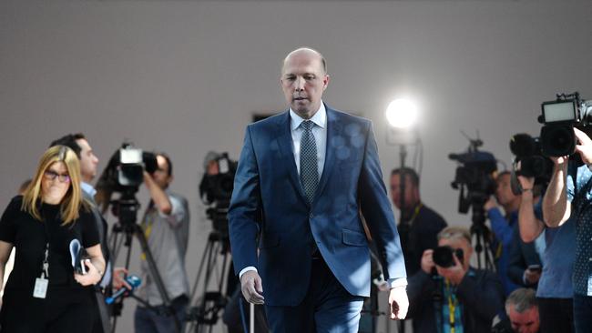 Peter Dutton leaves after a media conference at Parliament House. Picture: AAP