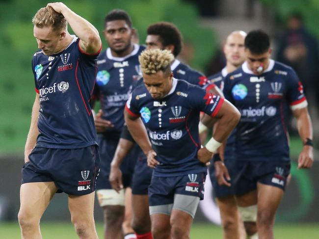 MELBOURNE, AUSTRALIA - APRIL 12: Rebels players looks dejected after defeat during the round nine Super Rugby match between the Rebels and the Stormers at AAMi Park on April 12, 2019 in Melbourne, Australia. (Photo by Michael Dodge/Getty Images)