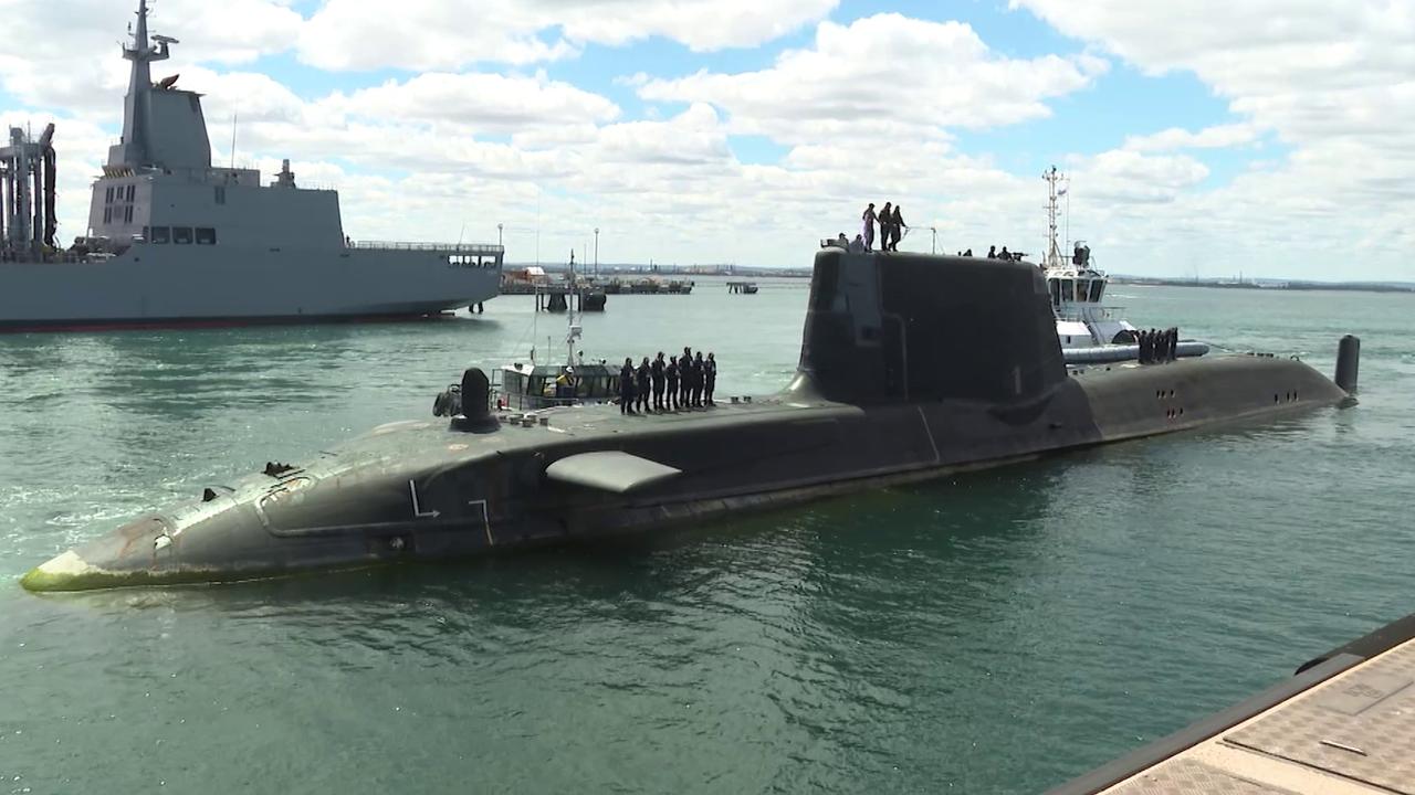 A UK Royal Navy nuclear powered submarine arriving for a routine logistics and crew respite visit at HMAS Stirling in 2021.